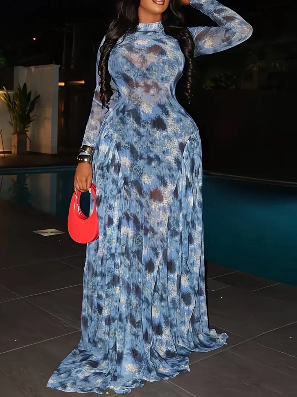 Blue Tie-Dye Long Sleeve Maxi Dress